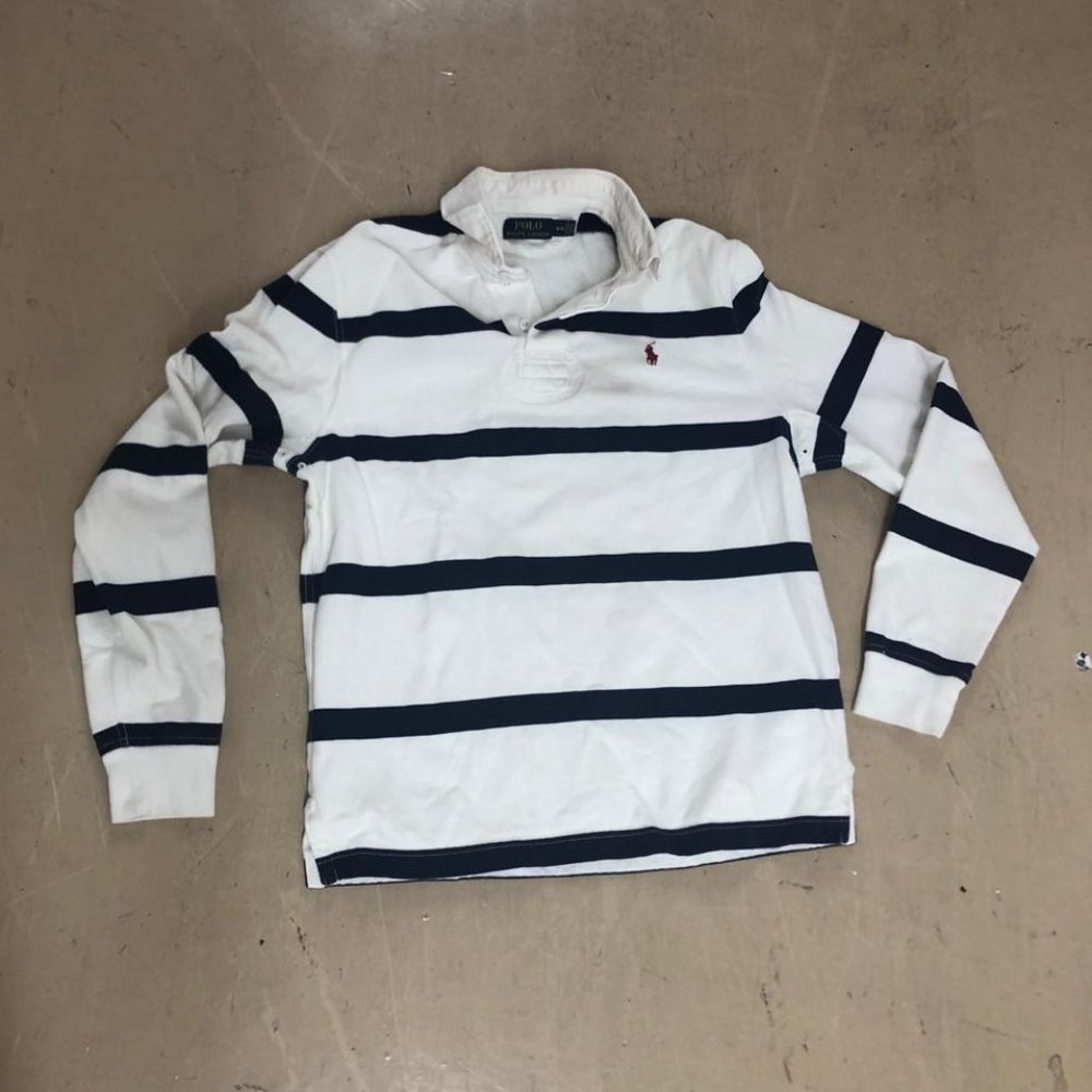 Polo Ralph Lauren Mens M Long Sleeve Navy Blue Stripe Rugby Shirt.
